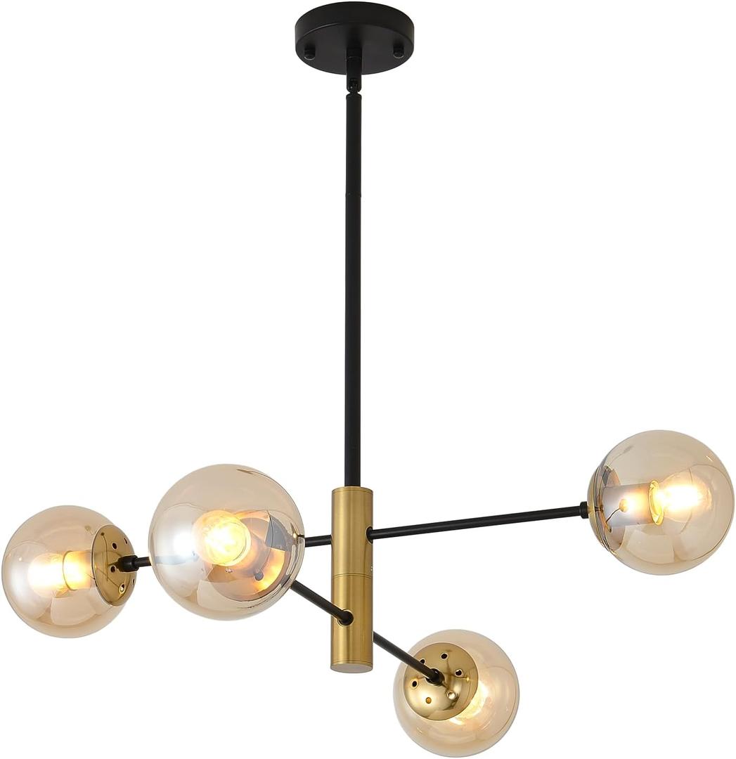 4-Lights Glass Globe Sputnik Chandelier, Amber Shade Dining Room Lighting Fixture, Mid Century Chandelier, Classic Retro Ceiling Light Fixture for Study, Kitchen, Bedroom, Hallway, Farmhouse
