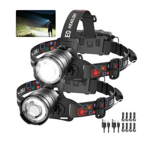 Rechargeable Headlamp High Lumen, 3000L Super Bright Head Lamp, 90° Rotatable Head Lights for Forehead, Adjustable Focus Headlight Flashlight, 4Modes LED Headlamps for Adults Hardhat Camping (2Pack)