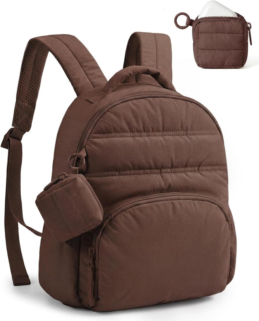 BAGSMART Small Backpacks for Women, Lightweight Puffer Mini Backpack Purse with Pouch, Quilted Casual Daypack, Water-Resistant Bookbag for Daily Travel College, 2-in-1 Set, Coffee Brown