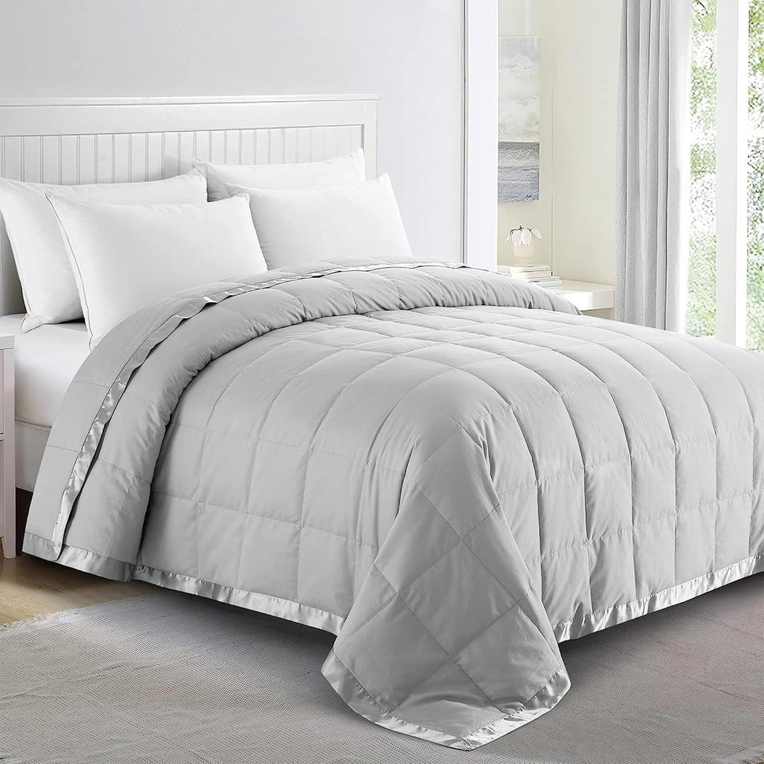 puredown Blankets King Size - Soft Lightweight Down Blanket for All Seasons, Cozy Warm Luxury Bed Blanket with Satin Trim, Cotton Cover, Light Grey (108"X90") (02 Light Gray)