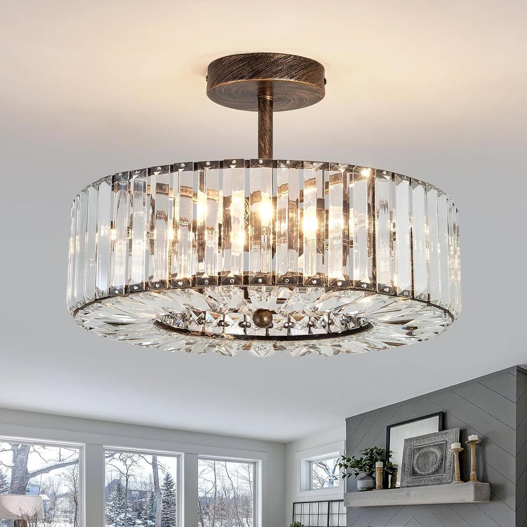 Piepooye 4 Lights Modern Crystal Chandelier Oil Rubbed Bronze Round Semi Flush Mount Ceiling Light Fixture Farmhouse Chandelier for Dinning Room Living Room Bedroom Hallway Entryway Kitchen