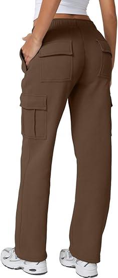 QINSEN Baggy Medium Waist Elastic Sweatpants for Womens Casual Long Fleece Cargo Pants with Pockets (Chestnut, Medium)