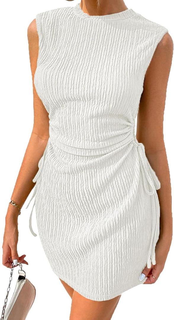 Acelitt Women's Summer Dresses 2026 Beach Casual Crewneck Loose Sundress Ribbed Cut Out Mini Dress (Large, White)
