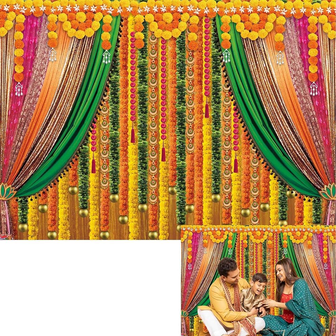 Indian Pooja Backdrop Banner Diwali Puja Ganpati Photography Background India Traditional Religious Festival Decorations for Pooja Wedding Party Baby Shower Decor (7x5FT)