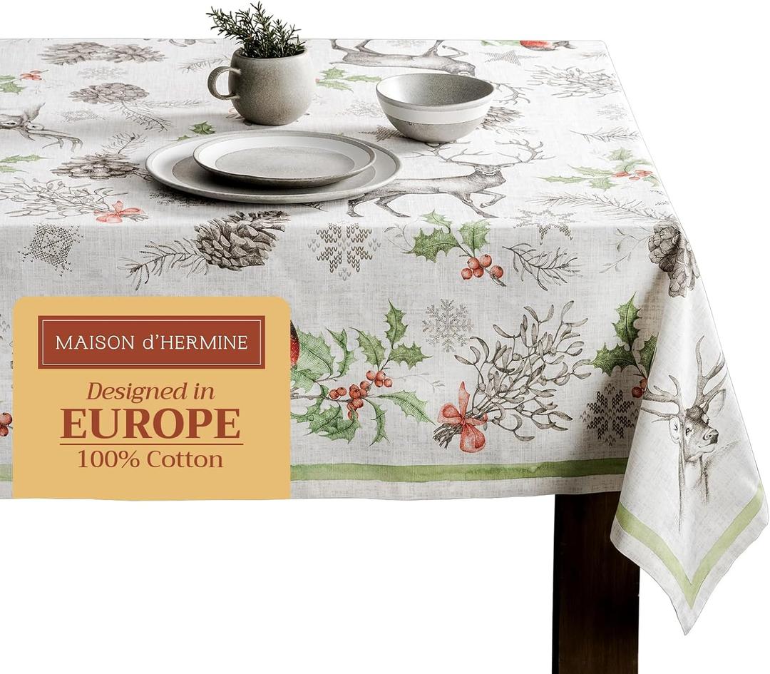 Maison d' Hermine Table Cloth Rectangle Table 100% Cotton 54 x 72 Inches Fall Tablecloth Reusable Everyday Use for Thanksgiving Christmas Decorations Dining Farmhouse Party (Christmas Dew)