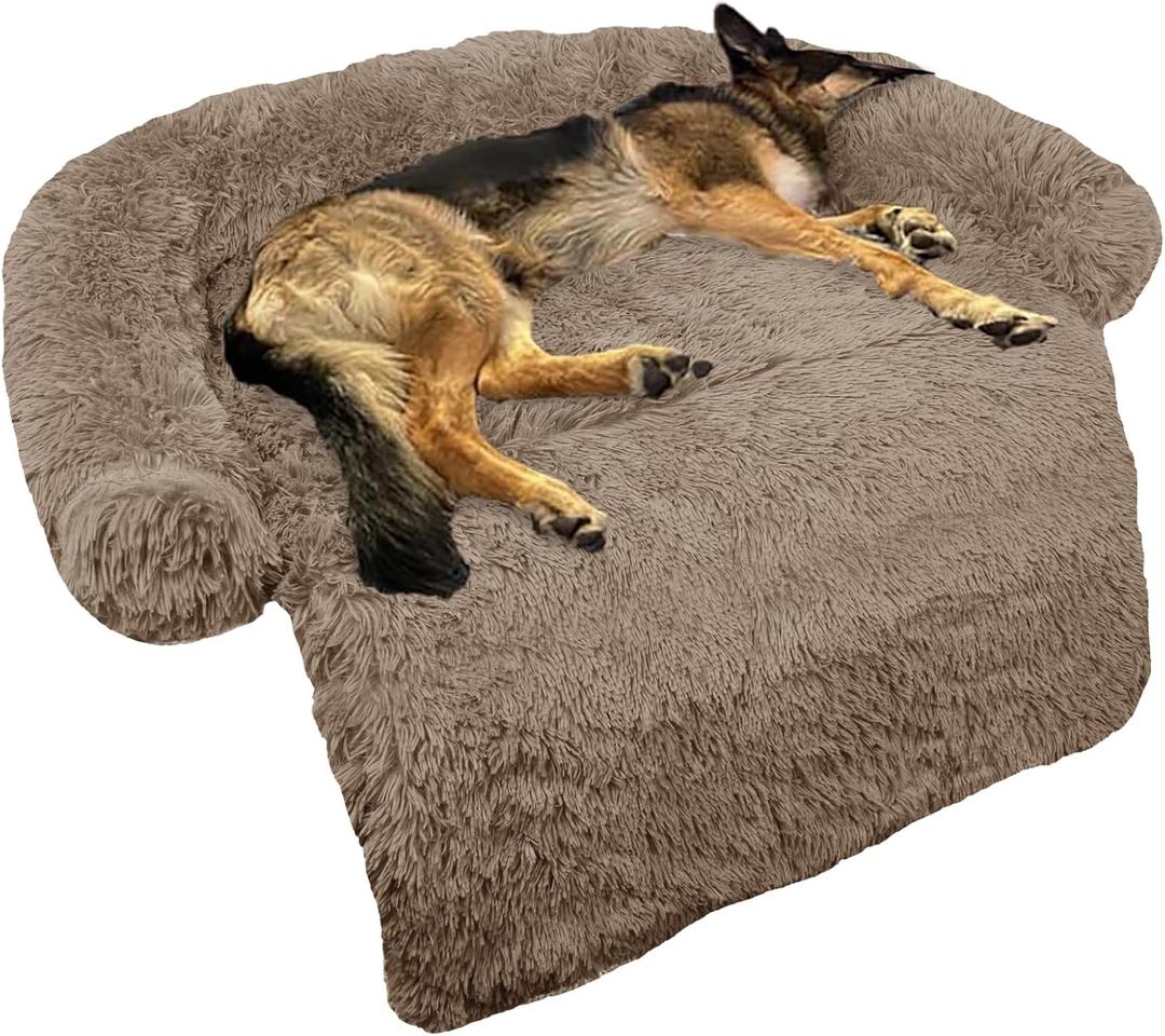 Calming Dog Bed Fluffy Plush Dog Mat for Furniture Protector with Removable Washable Cover for Large Medium Small Dogs and Cats Large (45x37x6), Camel