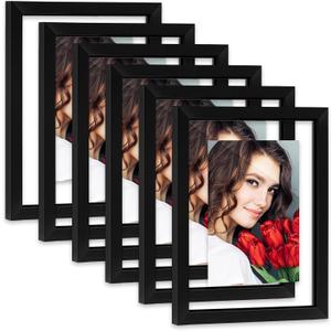 LBECUA Floating Picture Frames Set of 6, 8x10 Floating Frame with Double Glass for 4x6, 5x7 or Full Display 8x10 Photo, Desktop or Wall Hanging, Black