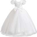 IDOPIP Flower Girl Sequin Lace-up Bow Dress for Kid Wedding Bridesmaid Pageant Party Formal Long Gown Communion Tulle Dresses (5-6 Years, White)