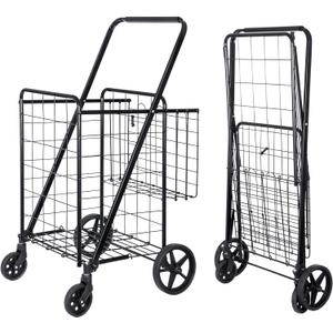 SUPER DEAL Folding Shopping Cart with Wheels and Double Basket for Groceries Laundry Book Luggage Travel, Black