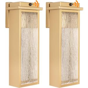 16" Dusk to Dawn LED Outdoor Light 2 Packs, Gold Outside Porch Lights Wall Mount, Large Exterior Lighting Fixtures with Rippled Glass, Waterproof Modern Wall Lantern for House, Patio