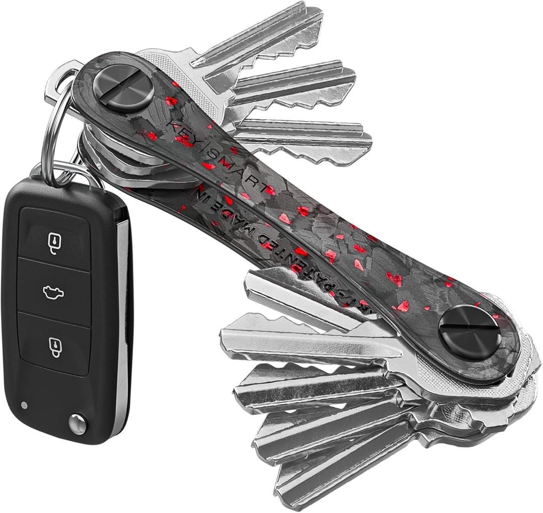 KEYSMART Key Holder for Keychain - Compact Key Organizer for Key Chain, Minimalist Clutter-Free EDC Keychains Key Ring, Red Forged Carbon Fiber, 14 Keys