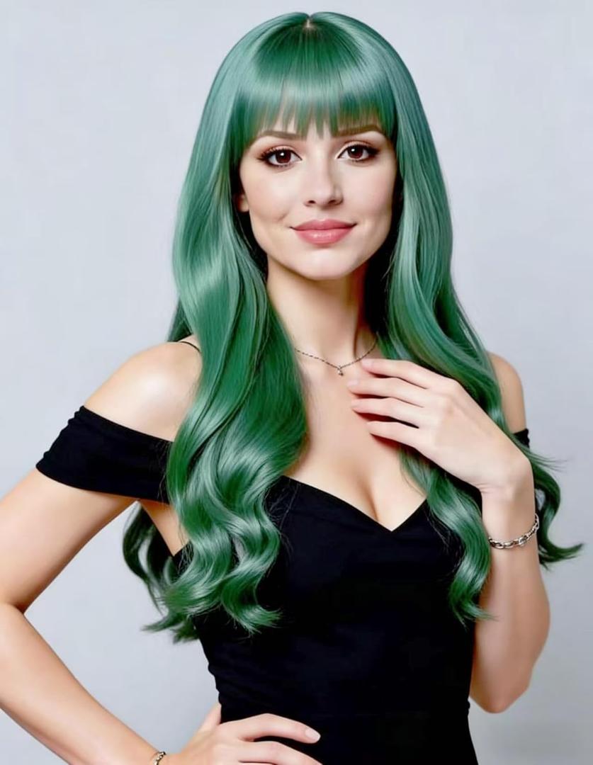 Rugelyss Long Wavy Mint Green Wigs for Women Soft Synthetic Wig with Straight Bangs Halloween wig for Cosplay or Costume