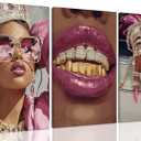 Framed Pink Black Girl Wall Art Set of 3 Luxury Bling African American Woman Canvas Prints with Crown Grillz Jewelry Fashion Hip Hop Glam Room Decor for Girls Bedroom Living Room Bathroom 12x16in