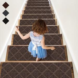 RIOLAND Stair Treads Carpet Non-Slip Indoor 15 PCS Wood Stair Treads Rugs Modern Stair Runners for Kids Dogs, 8" X 30", Diamond Brown