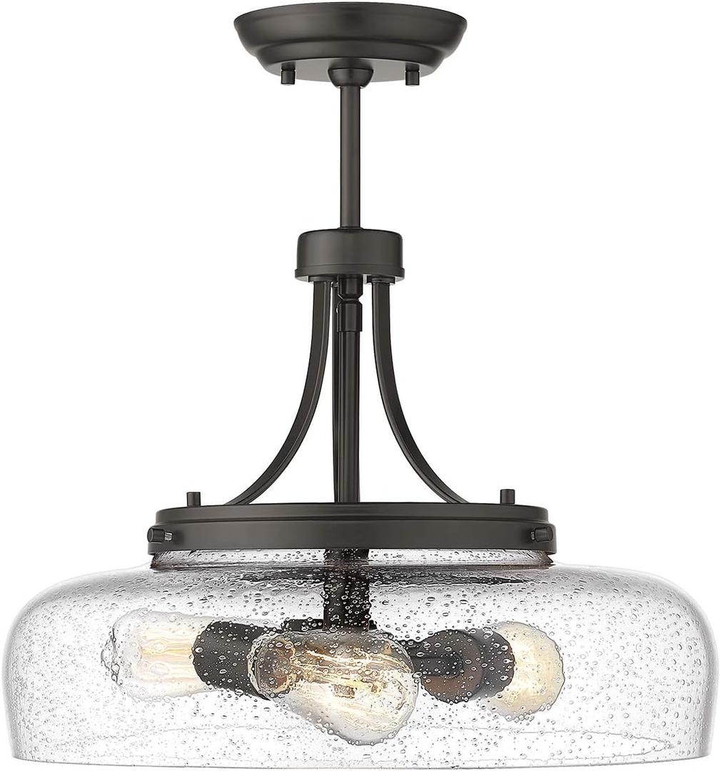 EAPUDUN Farmhouse Semi Flush Mount Ceiling Light Fixture, 3-Light Industrial Pendant Light in Oil Rubbed Bronze Finish with Clear Seeded Glass Shade, SMA1126-ORB