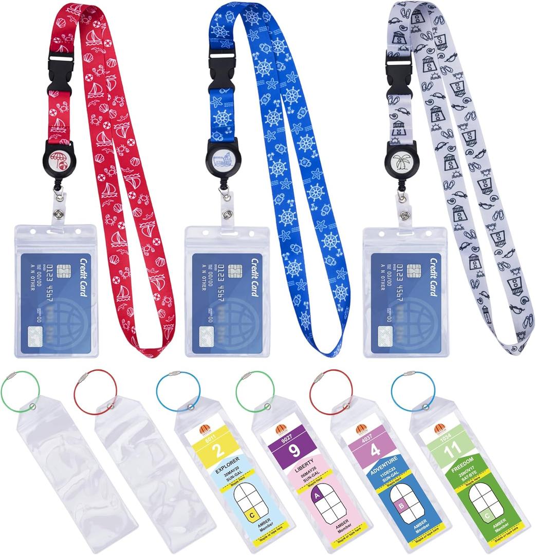 SWATOM Cruise Lanyards 9PCS Retractable Cruise Lanyard for Cruise Ship Cards, Royal Caribbean & Celebrity 2025 & 2026 Waterproof Luggage Tag Holders Set for with Detachable Badge Holder for ID Cards (7.9x2.5'' 6p+ 3 Id)