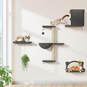 5in1 Cat Wall Shelves, Solid Wood & Velvet & Sisal Scratcher, 44lbs Max Load, Wall Mounted Cat Furniture for Climbers, Cat Climbing Wall System, Fits Drywall & Solid Walls  Light Gray