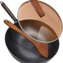 Carbon Steel Wok Pan with Lid & Wood Spatula, 12.5" Cast Iron Stir Fry Pan with Flat Bottom and Wooden Handle for Electric, Induction and Gas Stoves (Brown)