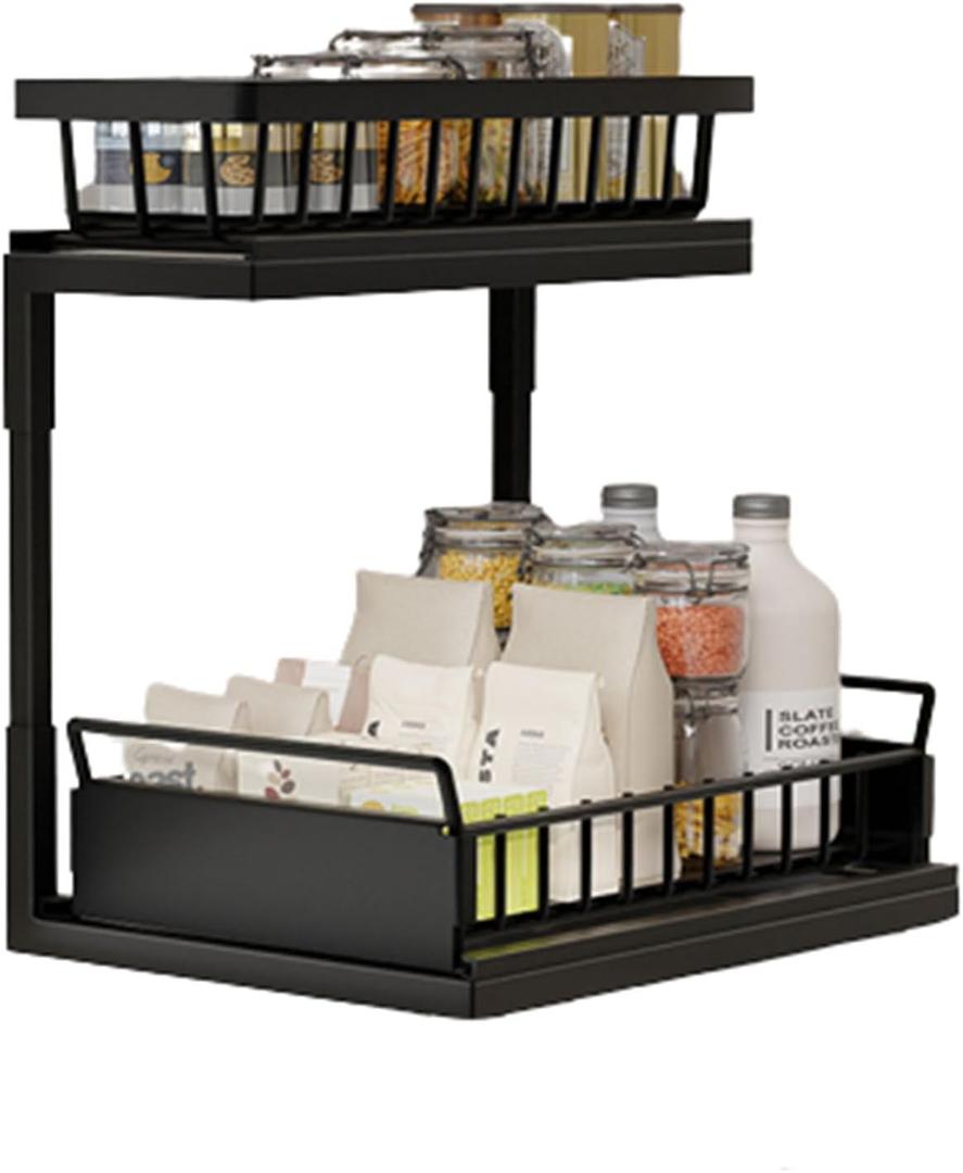 JUSHZ Dish Rack Dish Drying Rack Dish Drainer Over Sink Draining Rack Metal Storage Cupboard for Seasoning Pull-Out High Capacity Strong Bearing Capacity (Black)