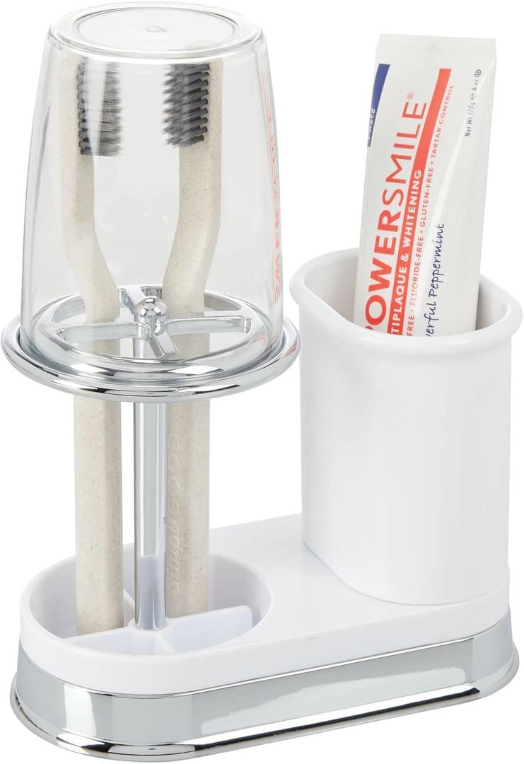 mDesign Plastic Toothpaste and Toothbrush Holder Center with Cup/Cover - Organizer for Bathroom Vanity Countertop - Holds Paste, Floss, Accessories - Hyde Collection - White/Chrome