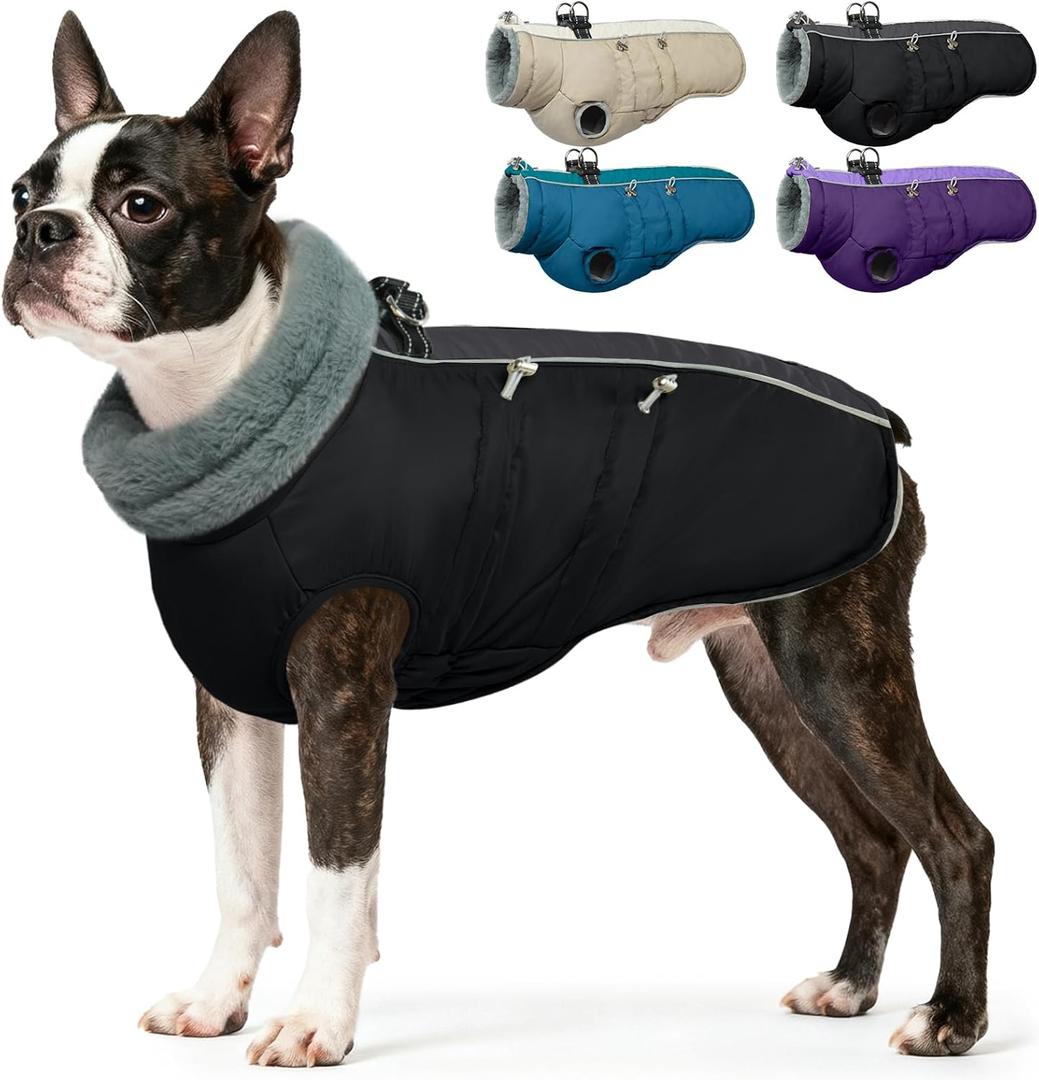 IDOMIK Warm Dog Coat with Harness, Waterproof Reflective Dog Jackets for Dogs, Fleece High Collar Winter Jacket with Zipper, Pet Winter Snowsuit Clothes for Cold Weather,Black S (S(Neck Girth:12.6"))