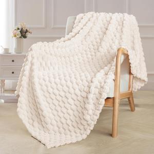 Exclusivo Mezcla Extra Large Fleece Throw Blanket for Couch, 50x70 Inches Stylish Jacquard Soft Throw Blanket, Fuzzy Cozy Lightweight for Winter, Ivory