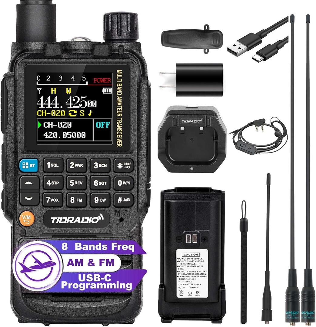 TIDRADIO TD-H3 Ham Radio Multi-Band Two Way Radio with AirBand & TD-771 Long Antenna,USB-C Programming & Charging,2500mAh Battery,One Key Frequency Match,DTMF FM AM NOAA VOX SCAN,Walkie Talkies