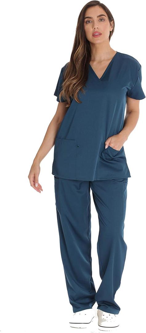 Just Love Solid Stretch Scrub Set for Women Stretchy Mock Wrap Top and Cargo Pants (X-Small, Carribean Blue)