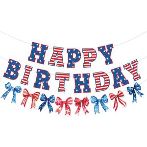 Bow Patriotic Happy Birthday Banner,4th/Fourth of July Decorations, Red White and Blue Independence Day Birthday Garland, Memorial Day Decorations for Indoor Outdoor