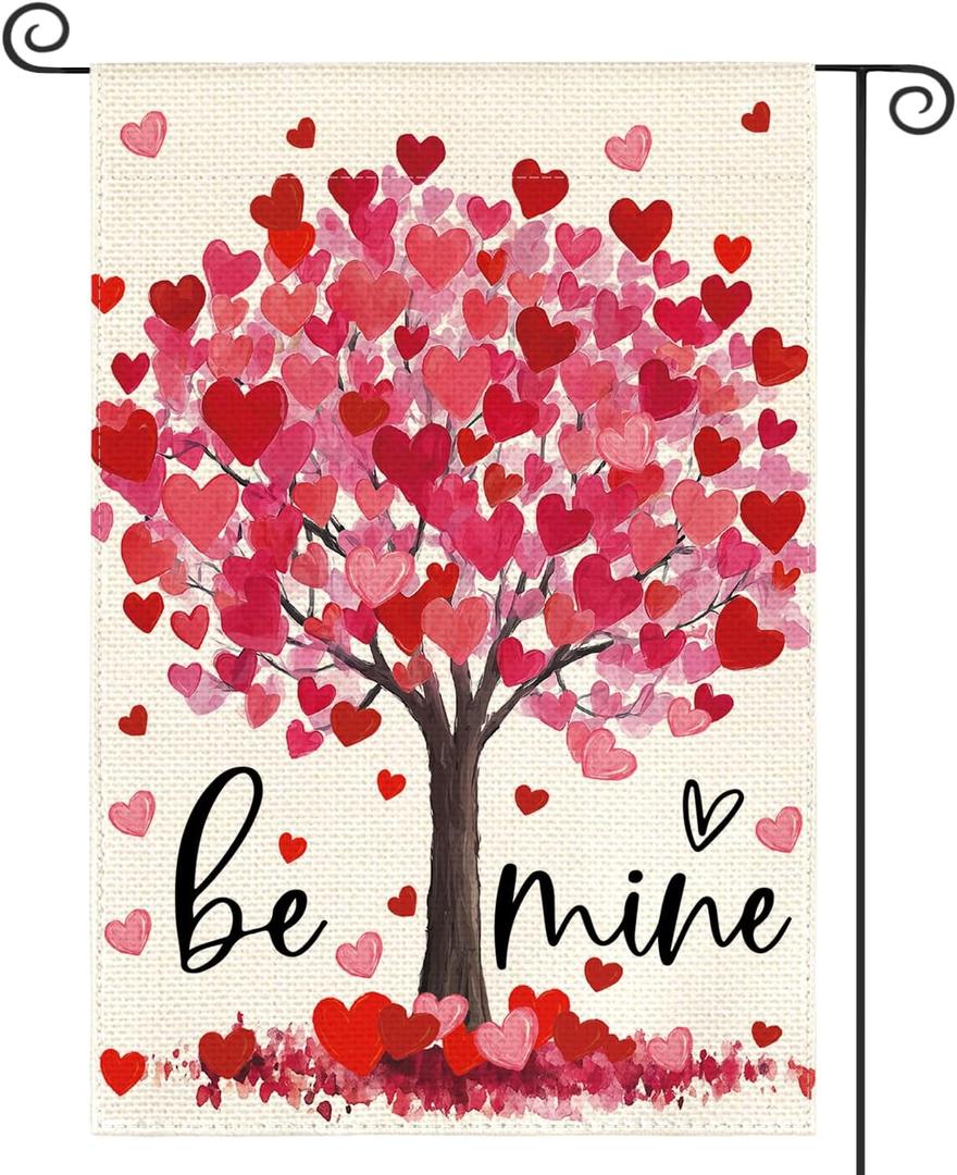 AVOIN colorlife Be Mine Valentines Day Garden Flag 12x18 Inch Double Sided Outside, Love Heart Tree Romantic Anniversary Yard Outdoor Flag