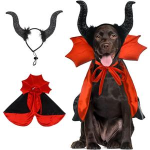2 Pcs Dog Halloween Costume Set Cat Witch Vampire Cape Devil Horns Hat Holiday Clothes for Cat Puppy Halloween Party Pet Outfits M