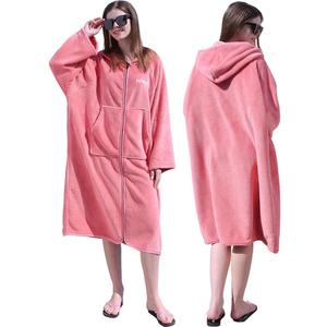 Hiturbo Surf Poncho Zipper Towel Hoodie: Oversized Hooded Wetsuit Changing Robe with Pocket - Plush Coral Fleece Swimwear for Home Beach Pool Bath - Pink