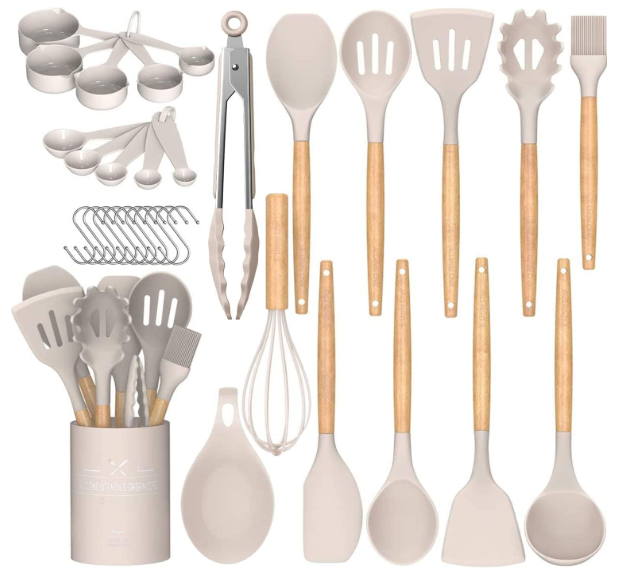 Umite Chef Kitchen Cooking Utensils Set, 33 pcs Non-Stick Silicone Cooking Kitchen Utensils Spatula Set with Holder, Wooden Handle Silicone Kitchen Gadgets Utensil Set (Khaki)