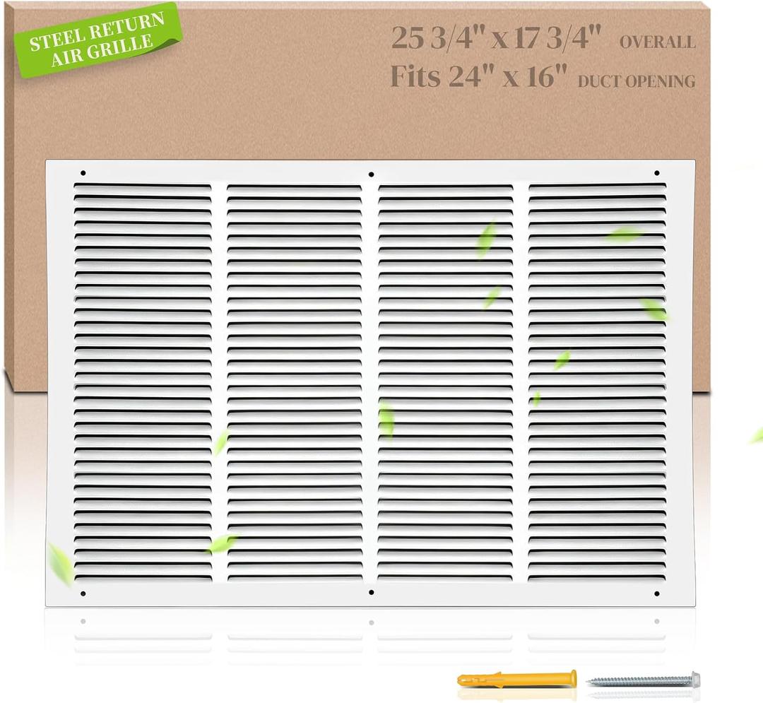 24"W x 16"H Return Air Grille [Duct Opening Size], Steel HVAC Return Air Vent Cover for Wall & Ceiling, White Powder-Coated Rust-Resistant AC Cold Air Return, Outer Dimensions 25.75"W x 17.75"H