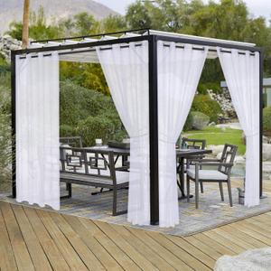 LORDTEX Burlap Linen Look Outdoor Curtains for Patio - 2 Panels Waterproof Sheer Curtains for Pergola, Porch, Cabana and Gazebo Grommet Indoor/Outdoor Voile Sheer Drapes (52 x 84 inch, White)