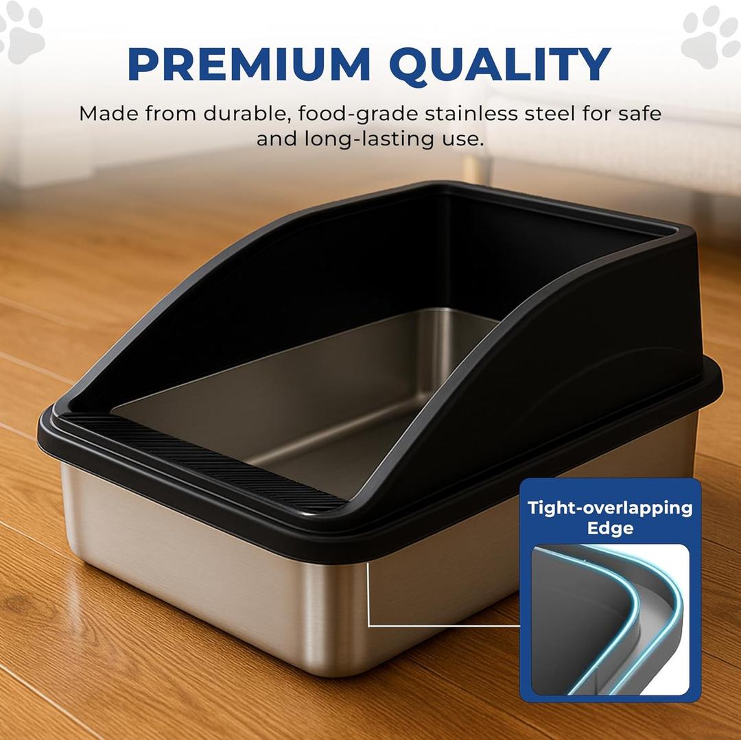 Stainless Steel Cat Litter Box with Enclosure, Large Litter Box for Cats and Kittens, Smooth Easy Clean Interior, Durable Metal Design with Cover, Litter Shovel, Pad and Footboard Included (Black, Large)