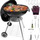 22-Inch Charcoal Kettle Grill with Enamel Lid, Portable Outdoor Grill with Wheels