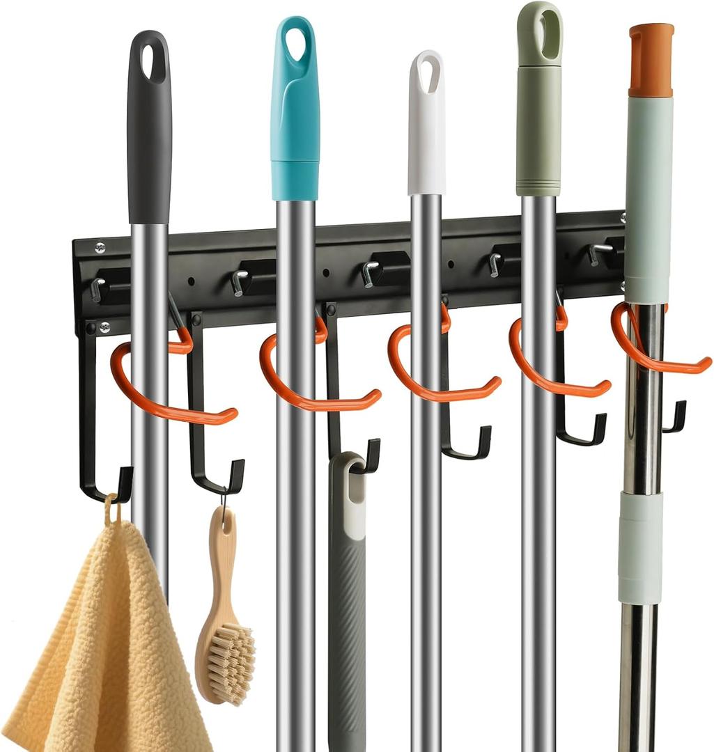 Garage Garden Tool Wall Mounted Storage Rack Organizer, Heavy Duty Rack Broom Hook Hanger for Hanging Gardening Tools with Handles Like Brooms, Mops, Rakes and Shovel