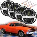 UNI-SHINE 5 3/4'' 5.75 inch LED Headlights Round 4pcs Reflector Hi/Lo Beam with DRL Sealed Beam H5001 H5006 fit for Peterbilt 349 359 fit for Impala 59-76 fit for Dodge (Black)