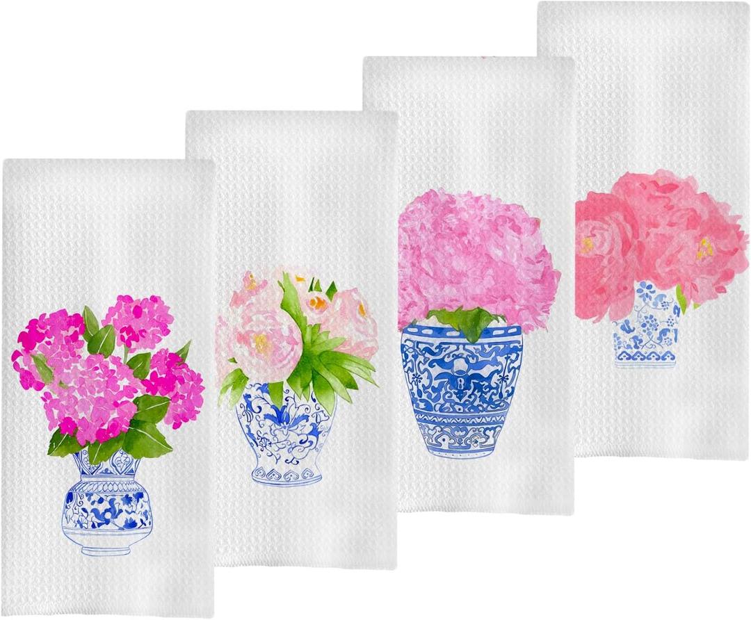Chinoiserie Vase Dish Towels Set - Chinoiserie Waffle Weave Kitchen Towels, Chinoiserie Tea Towels Hand Towels for Bathroom, Blue and White Decor for Kitchen Bathroom (16x24 Inches Set of 4)