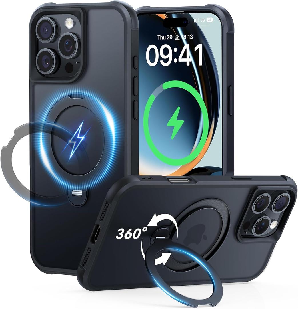 2 x 360 Spin Magnetic Stand (Pro-Version) for iPhone 16 Pro Case (Compatible with MagSafe) [Military Drop Protection] Matte Translucent Shockproof Protective Phone Case 6.3'', Black