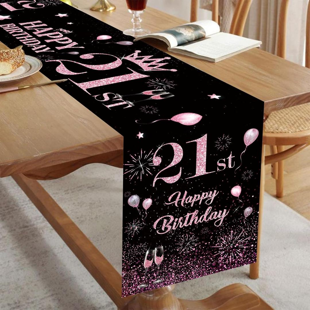 21st Birthday Table Runner Black Pink Happy 21st Birthday Table Runner for 21 Years Old Women Girls Her Celebrate Birthday Party Decorations Non-Slip Dining Table Linen Cover Cloth Decor 72 Inch Long