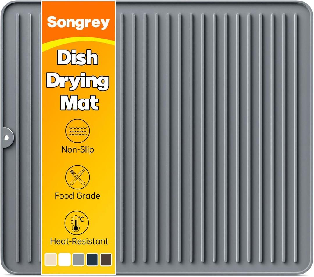 Songrey 18" x 16" Silicone Dish Drying Mat, Kitchen Counter Drying Pad for Sink Dishes or Under Rack, Multi-Use as Heat Resistant Trivet, Coffee Bar Mat (Dark Gray)