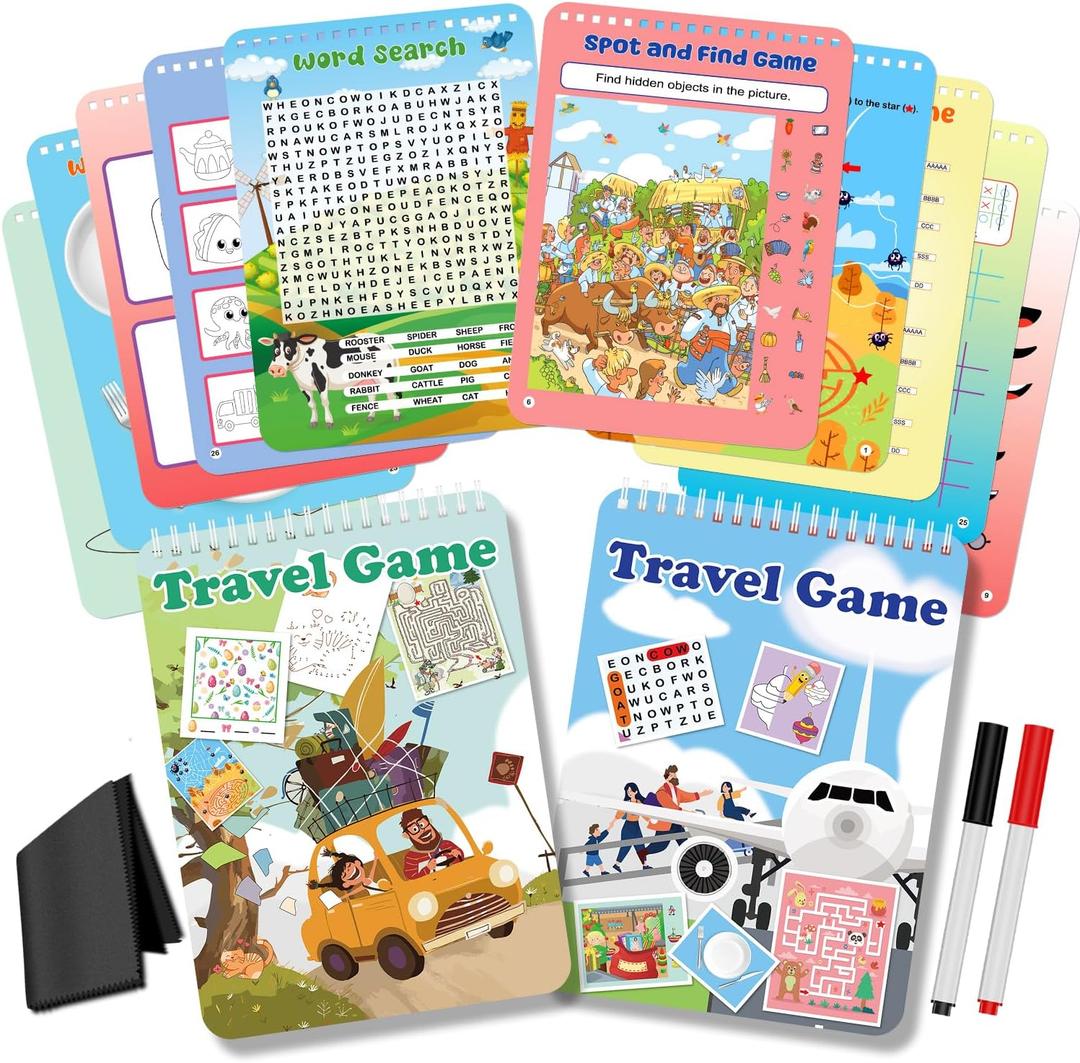 2 Pack Reusable Activity Game for Kids Ages 4-8, 8-12,Travel Games Include 56 Different Game,1-2 Players,Toy & Learning Tool for Road Trip Airplane Activity
