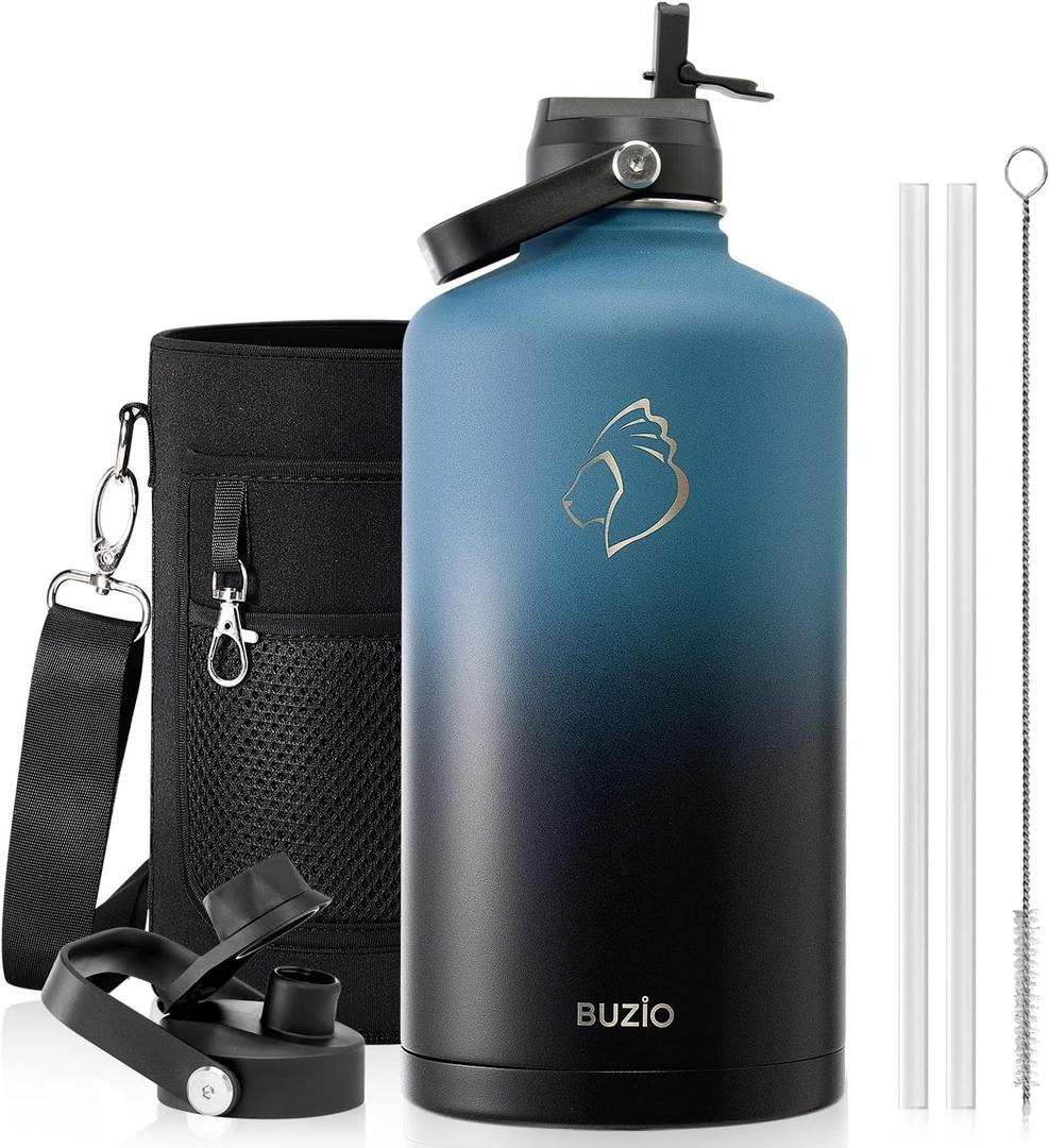 BUZIO 1 Gallon Water Bottle Insulated with Straw Lid, 128oz Large Water Jug Stainless Steel Metal Vacuum Water Flask Leak Proof 18/8 Food Grade Thermo Mug Keep Cold 48H & Hot 24H, Indigo Crush