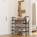 LANTEFUL 4 Tier Shoe Rack for Closet Shoe Organizer with 5 Hooks, Long Shoe Shelf Storage for Shoe and Boot Stackable Free Standing Shoe Rack for Entryway, Garage, Small Spaces, Dorm, Black