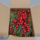 SENCID 45 Pcs Christmas Artificial Pine Branches with Red Berry Stems 13" Faux Evergreen Norfolk Pine Cypress Leaves Stems Fake Foliage Pine Needles Picks for DIY Craft Garland Indoor Home Decor