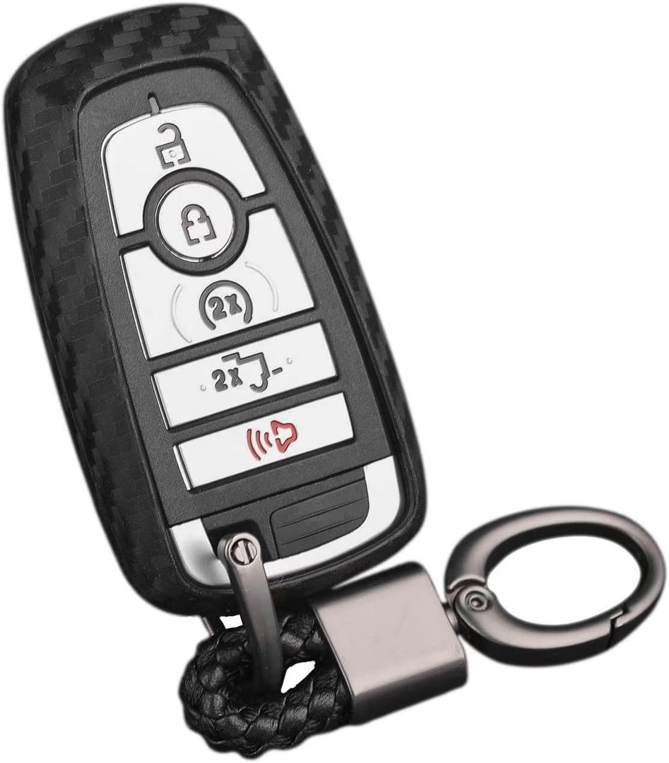 Soft Silicone Rubber Carbon Fiber Texture Case Key Fob Cover For Ford Bronco Escape Expedition Explorer F150 F250 F350 F450 F550 Fusion Maverick Mondeo Ranger Car Key - Black - Weave Keychain