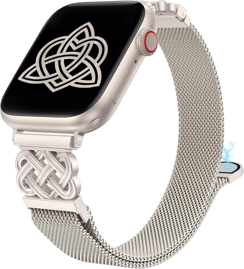 Stainless Steel Magnetic Loop Compatible with Apple Watch Band, Women Mesh Celtic Knot Dressy Strap for 49/46/45/44/42mm(Series 3/2/1): 5.5"-6.5" (Starlight)