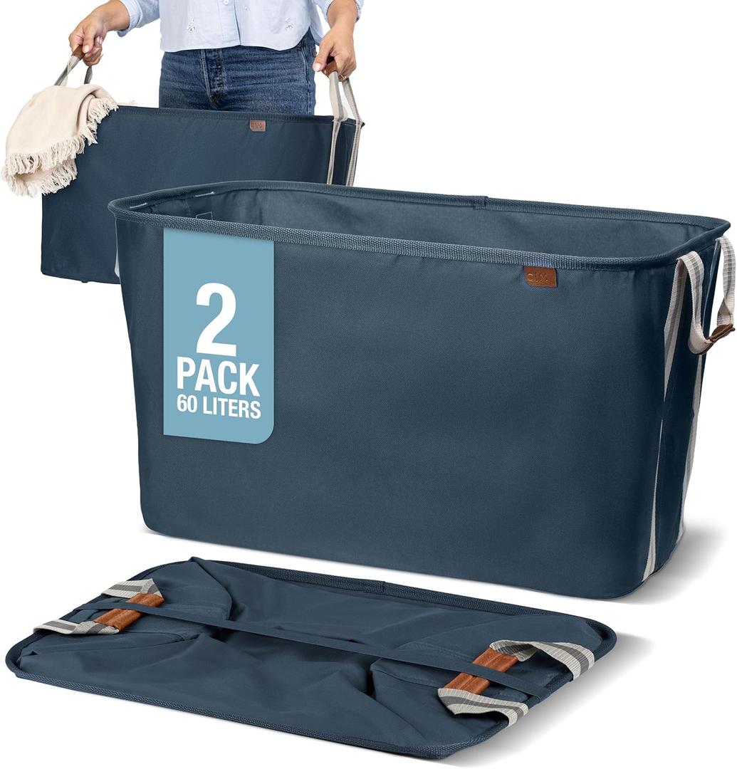 CleverMade Collapsible Laundry Basket LUXE 2 Pack 60 L (16 Gal) Foldable Cotton Blend Clothes Hamper with Vegan Leather Accents, Reinforced Handles, Space Saving Laundry Bin Holds 55 lbs - Navy